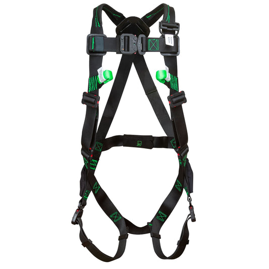 Black full-body safety harness with adjustable shoulder, chest, waist, and leg straps. The harness features a central chest buckle, green stitching accents, and padded sections near the shoulders and hips, shown against a light gray background.