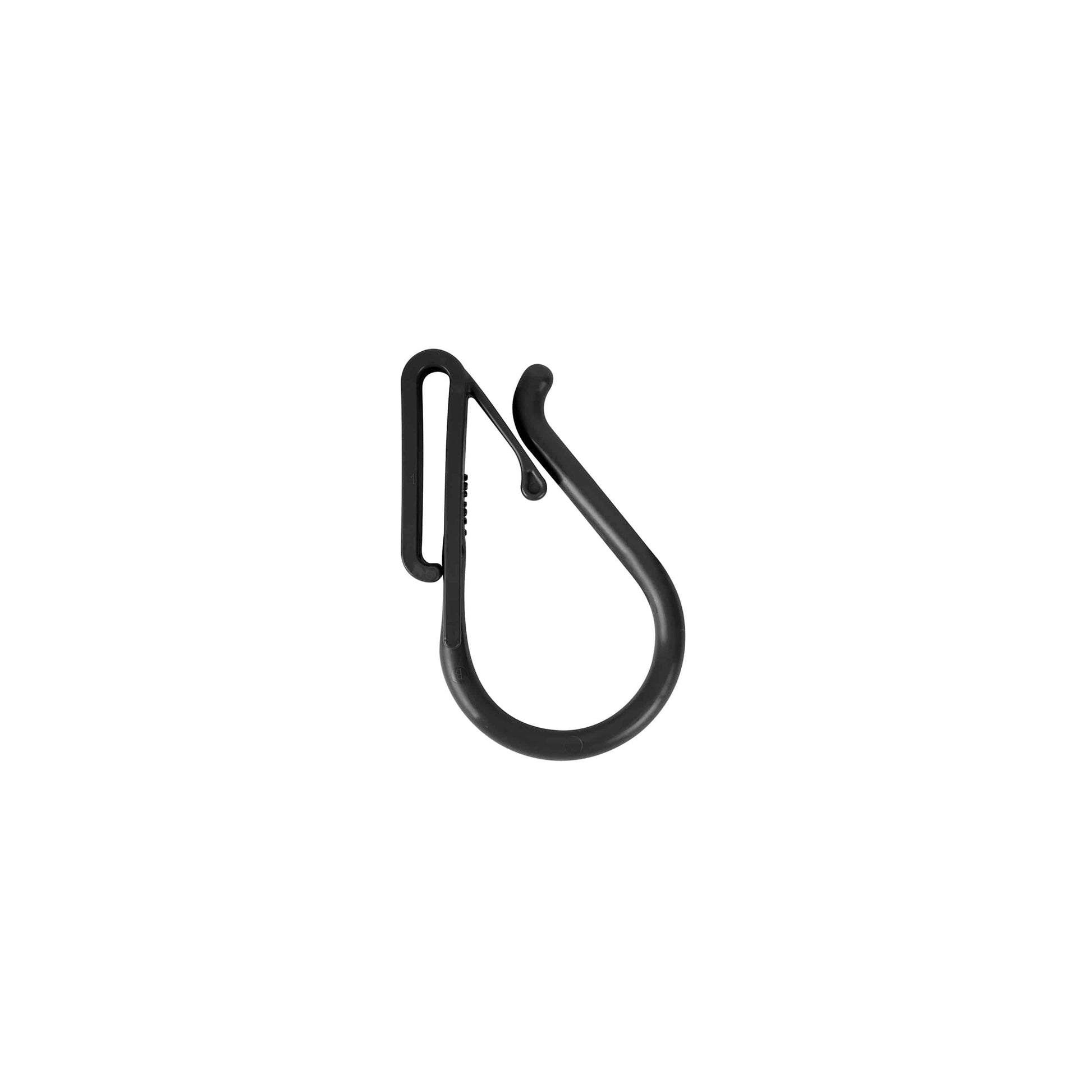 Black molded utility hook with a large curved open hook design and an integrated belt clip on one side. The lightweight accessory features a smooth matte finish and is displayed upright against a plain light gray background.