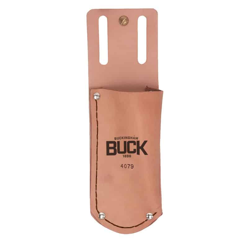 Tan leather tool holster with an open-top pocket and belt-loop attachment, displayed against a light gray background. The holster features metal rivets, stitched construction, and the printed text “Buckingham BUCK 1896” with model number “4079” on the front.