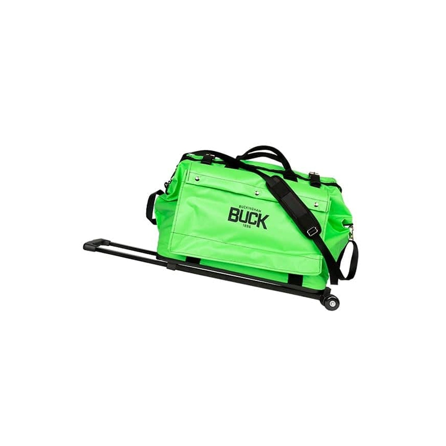 Bright green rolling gear bag with black handles, shoulder strap, and telescoping pull handle mounted on a wheeled base. The front pocket displays the “BUCK” logo in black lettering. The bag is shown at an angle against a plain light gray background