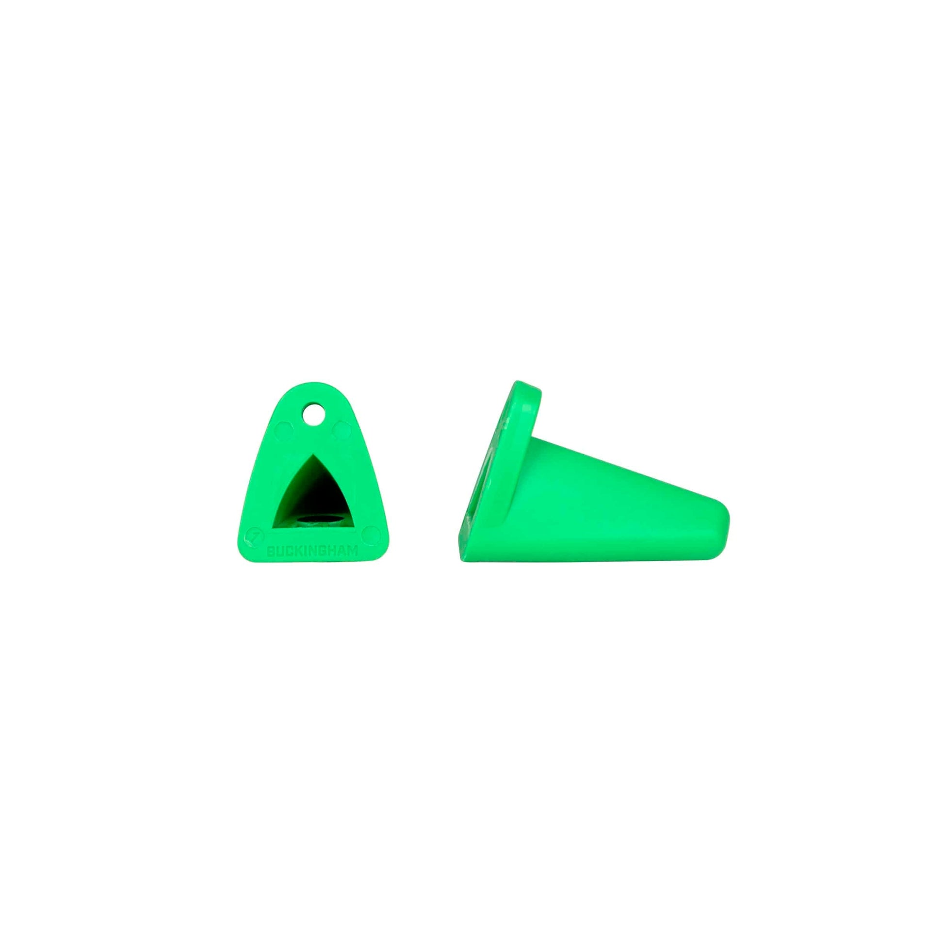 Two views of a bright green rubber protective cap or insert displayed against a light gray background. The front view shows a triangular opening, a small mounting hole near the top, and the embossed “BUCKINGHAM” name along the bottom edge. The side view shows the tapered, wedge-shaped profile of the component.