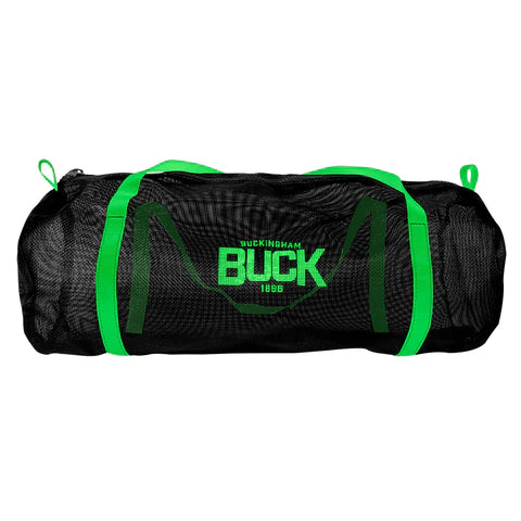 Black cylindrical mesh gear bag with bright green carrying handles and trim. The center of the bag displays the text “Buckingham BUCK 1866” in green. The bag is shown against a light gray background.