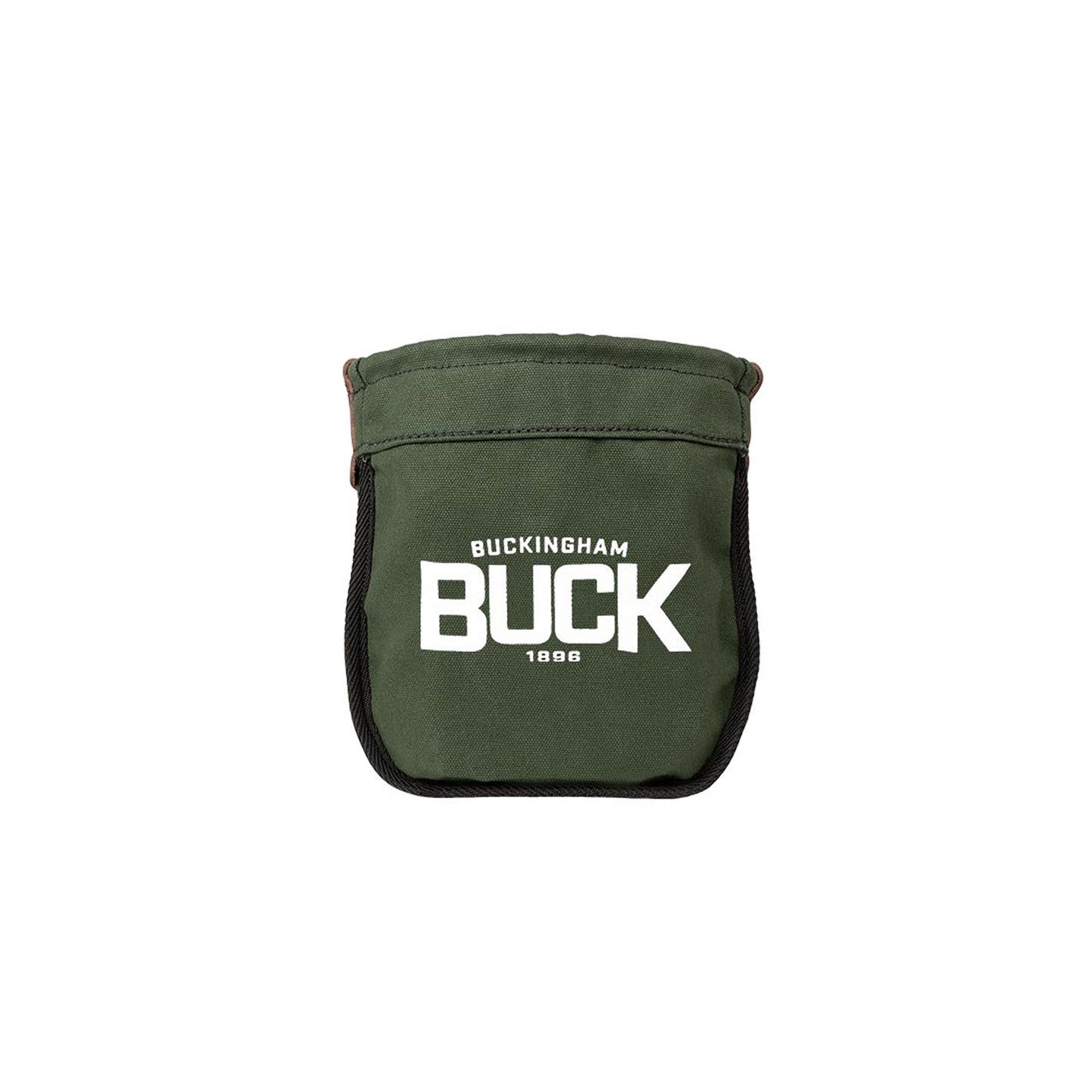Dark green canvas tool pouch with black trim and a large white “BUCKINGHAM BUCK 1896” logo printed on the front. The pouch has a wide open-top compartment and is shown centered against a plain light gray background.