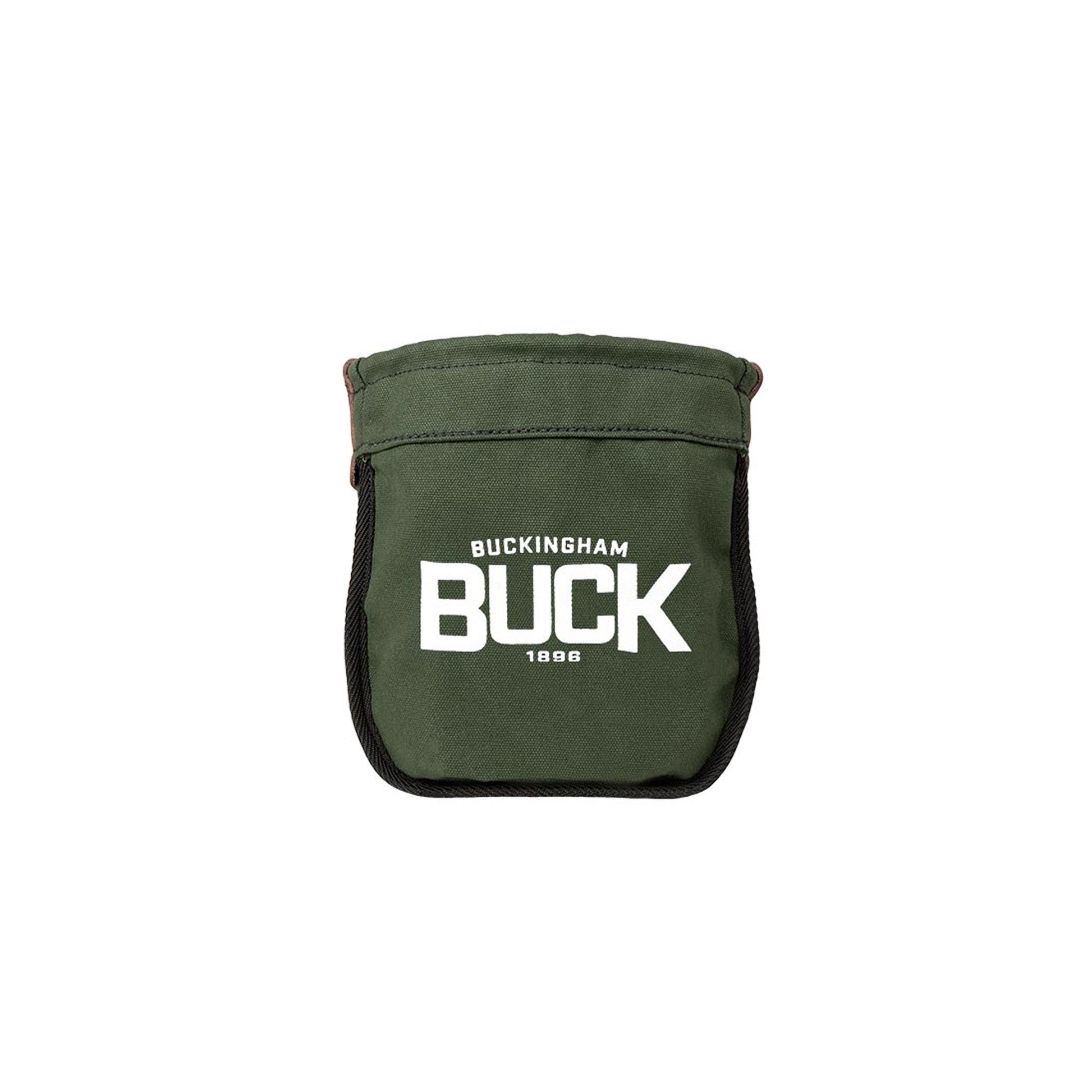 Dark green canvas tool pouch with black trim and a large white “BUCKINGHAM BUCK 1896” logo printed on the front. The pouch has a wide open-top compartment and is shown centered against a plain light gray background.