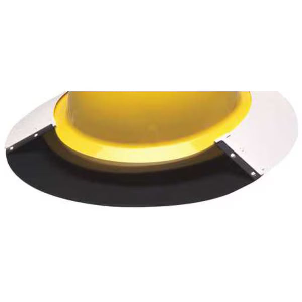 Curved industrial wear component with a yellow molded center section and black semicircular metal backing plate. The component features white mounting tabs with evenly spaced bolt holes on both sides, and is photographed against a plain light gray background. The part appears designed for heavy equipment or material-hand
