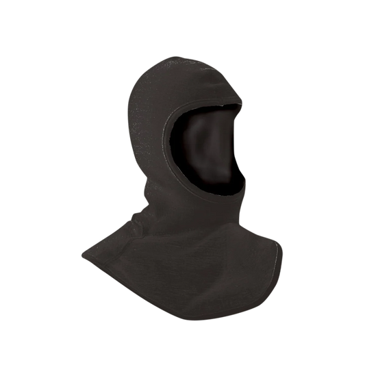 Black protective hood or balaclava-style head covering with a large face opening and extended shoulder-length neck drape. The hood is displayed on a mannequin head and shown against a transparent checkered background. The material appears smooth and lightweight, designed to provide head, neck, and shoulder coverage.