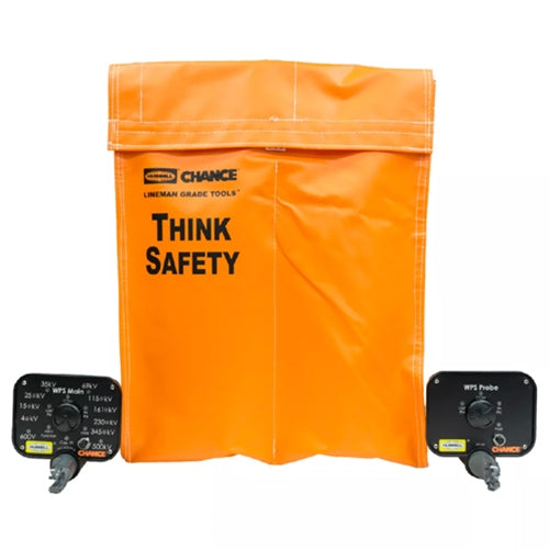 Chance Lineman Grade Tools insulating safety cover kit featuring a bright orange protective bag with the text “THINK SAFETY” printed on the front. Two black voltage probe modules with selector dials and electrical connectors are positioned on either side of the bag, shown on a light gray background.