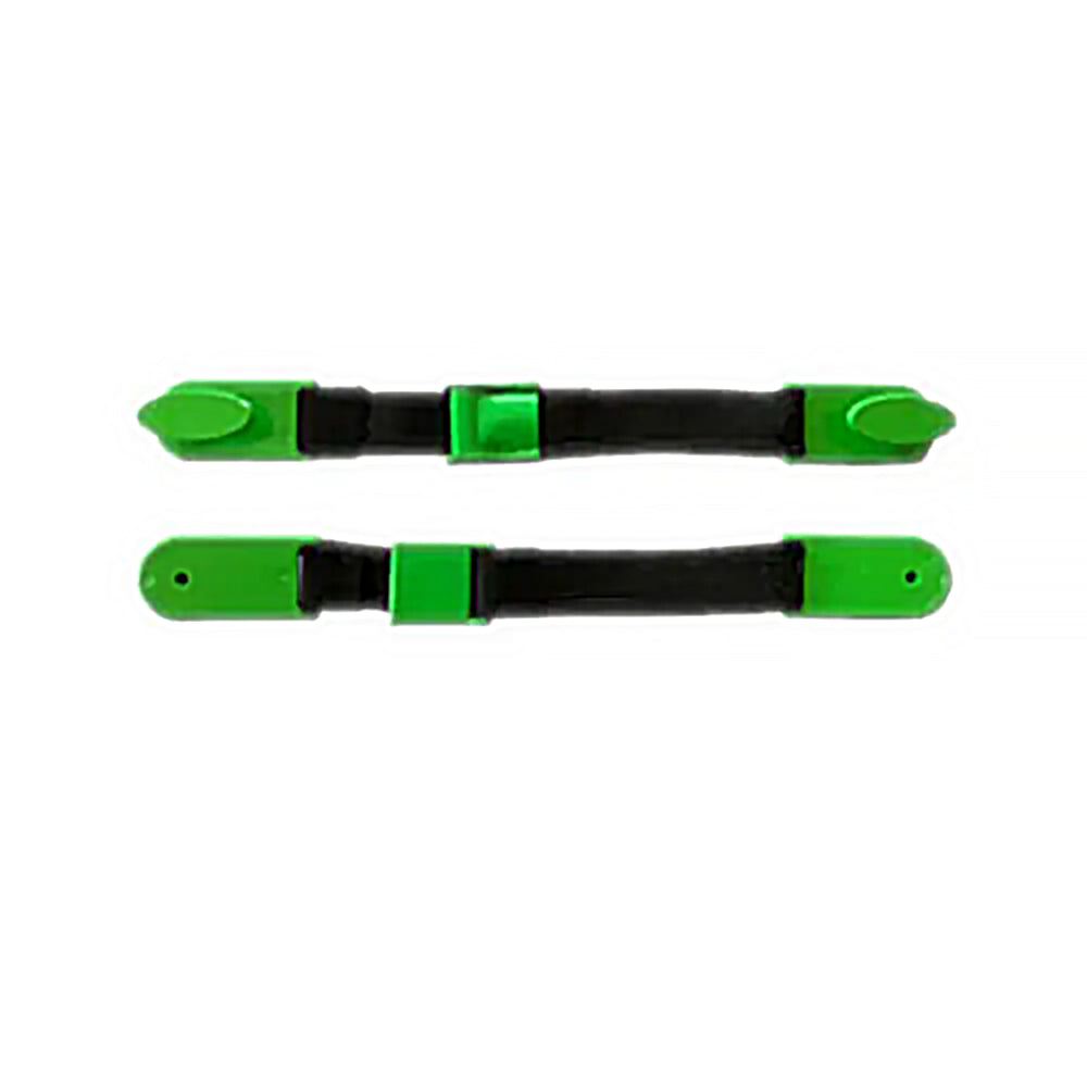 Two green-and-black flexible fastening straps displayed horizontally on a light gray background, shown from opposite sides. Each strap features green end tabs connected by a black elastic band with a sliding green adjustment clip in the center. One side shows pointed attachment ends, while the reverse side shows small mounting holes on the tabs.