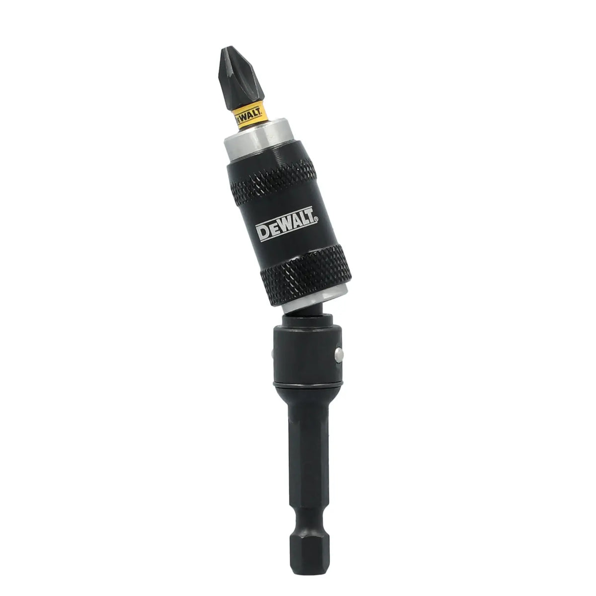 DEWALT drill bit holder and right-angle attachment displayed vertically on a light gray background. The tool features a black metal quick-release bit holder with knurled grip sections and a white DEWALT logo printed on the side. A Phillips screwdriver bit is inserted at the top, and the holder is connected to a pivoting right-angle adapter mounted on a black hex shank. The angled head allows access to fasteners in tight or hard-to-reach spaces.