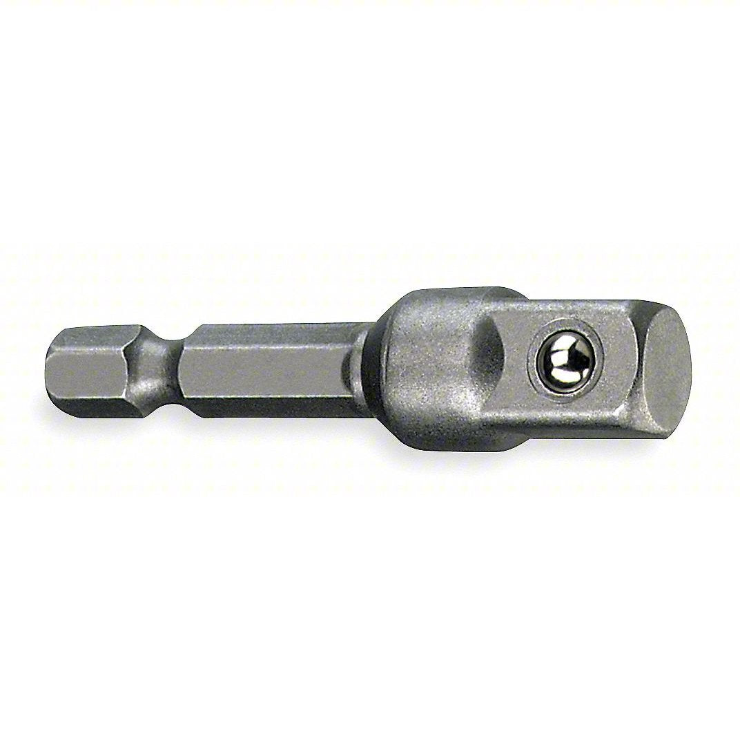 Close-up of a silver metal socket adapter bit with a hex shank on one end and a square drive socket connection on the other, featuring a spring-loaded retaining ball. The adapter is shown horizontally against a white background.