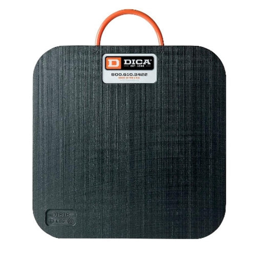 Black square support pad with rounded corners and a textured surface. An orange carrying loop extends from the top, and a label near the upper center displays the DICA logo and contact information. The pad is shown against a light gray background.