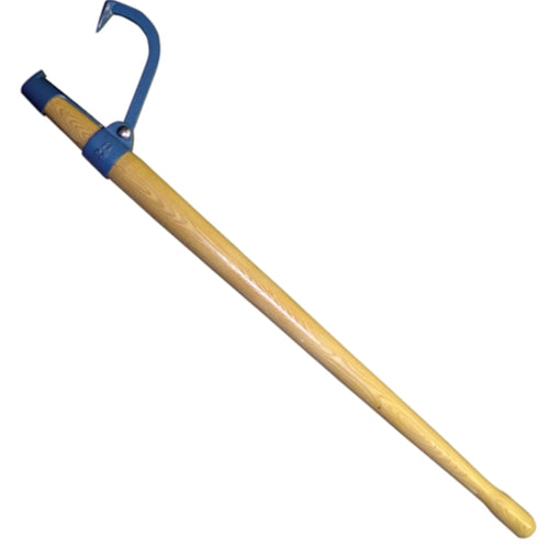 Long wooden-handled utility hook tool with a blue metal head and curved steel hook, displayed diagonally on a light gray background. The tool features a pointed hook tip and a pivoting metal attachment near the top of the handle for lifting, pulling, or positioning materials.Provide your feedback on BizChat