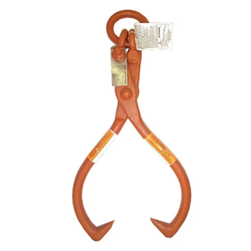 Orange scissor-style lifting tongs with curved hooked ends and a large top lifting ring, shown against a white background. Product tags are attached near the top hinge and lifting eye.