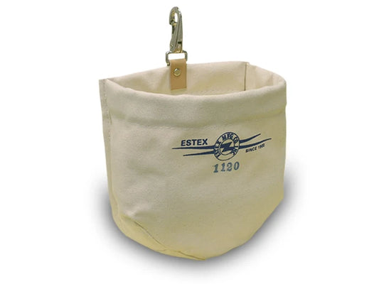 Off-white canvas tool bag with an open top and a metal snap hook attached to a reinforced hanging strap. The front of the bag displays the blue ESTEX logo and the number “1120.” The bag is shown against a light gray background and is designed for carrying tools or equipment.