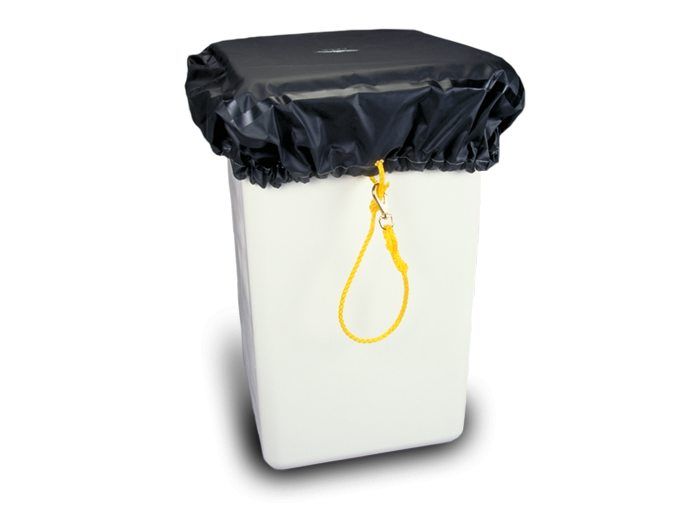 White rectangular storage container fitted with a black fitted cover secured by an elastic edge. A yellow rope pull loop with a metal clip hangs from the front of the cover. The container is shown against a light gray background and appears designed for utility or equipment storage.