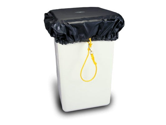 White rectangular storage container fitted with a black fitted cover secured by an elastic edge. A yellow rope pull loop with a metal clip hangs from the front of the cover. The container is shown against a light gray background and appears designed for utility or equipment storage.