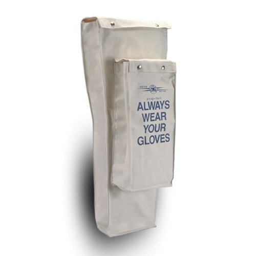 A beige canvas glove storage pouch with a front pocket printed with the blue text 'ALWAYS WEAR YOUR GLOVES' and a small 'EXXON' logo, shown on a white background with a soft drop shadow.
