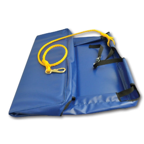 Blue vinyl equipment storage bag or protective mat shown partially folded open. The item features black carrying straps and attachment hardware on the interior, along with a yellow rope tether ending in a metal clip. The product is displayed against a light gray background.