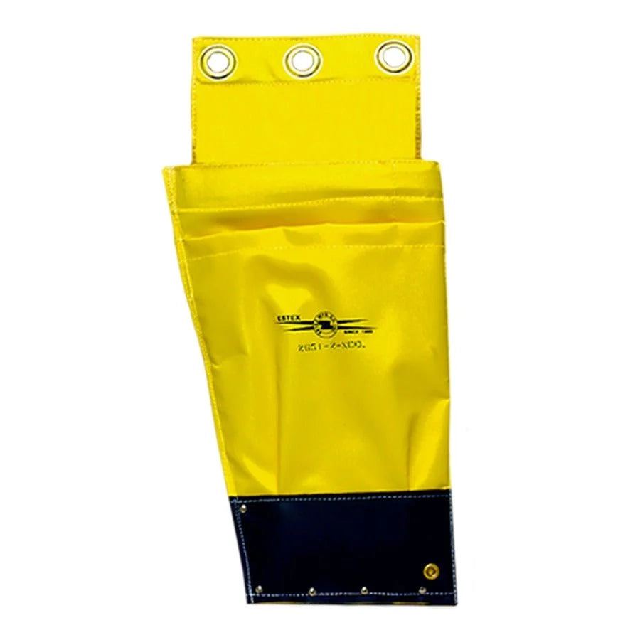 A bright yellow protective leg sleeve with a black reinforced cuff and three metal grommets at the top, featuring a printed 'KUST SCHOOL' logo on the front.