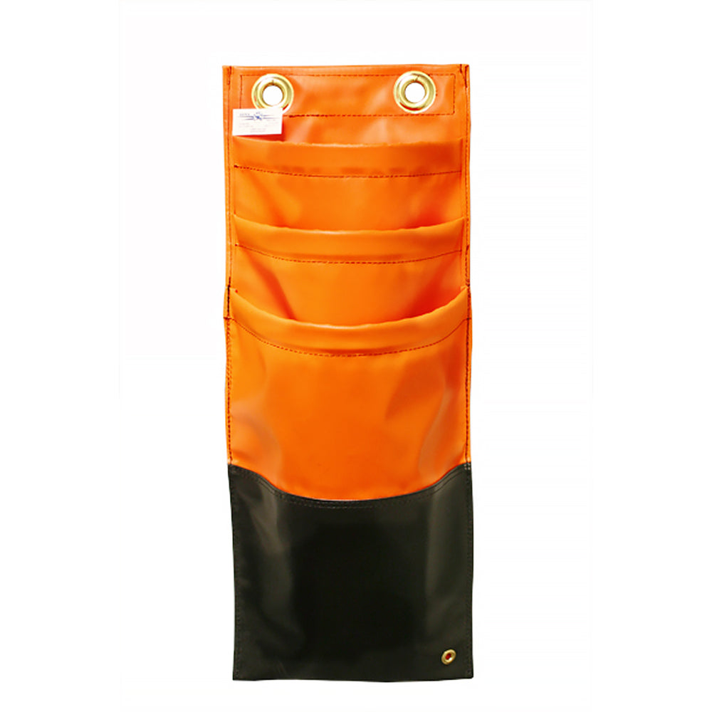 Orange and black hanging storage organizer made of durable fabric or vinyl, featuring four open front pockets and two metal grommets at the top for mounting. The organizer is shown against a light gray background.
