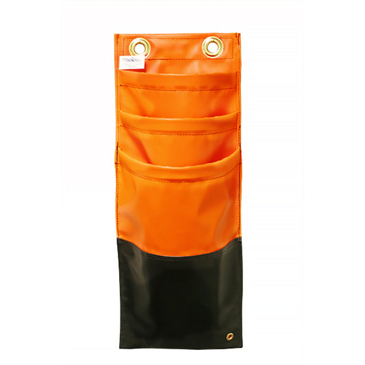 Orange and black hanging storage organizer made of durable fabric or vinyl, featuring four open front pockets and two metal grommets at the top for mounting. The organizer is shown against a light gray background.