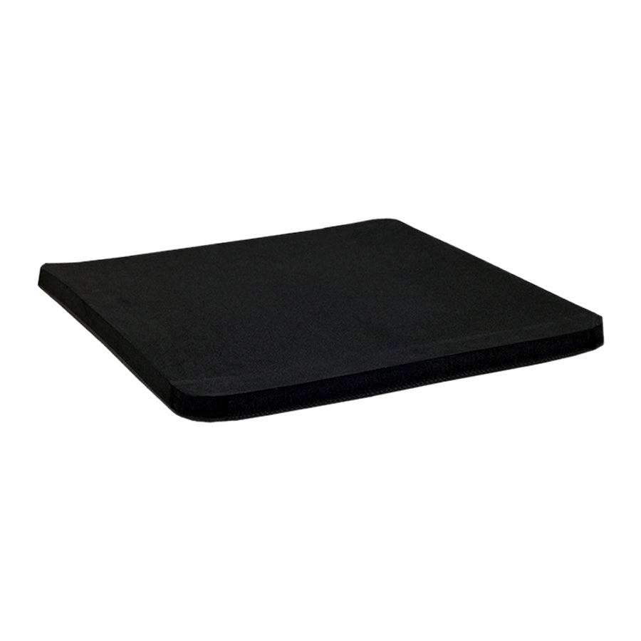 A black rectangular foam cushion with rounded corners, shown at an angle on a plain white background.