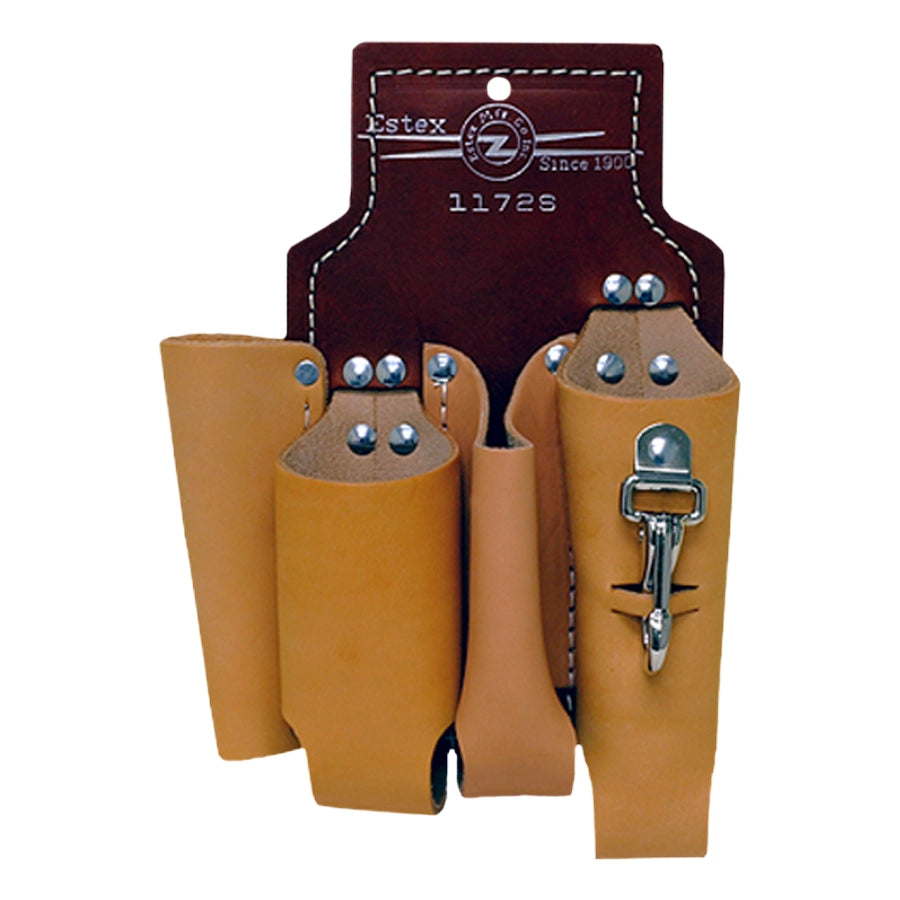 Leather tool holder with multiple compartments and pockets mounted on a dark brown backing panel. The tan leather holster features riveted construction, a metal snap hook on the front pocket, and visible branding and model number text near the top.