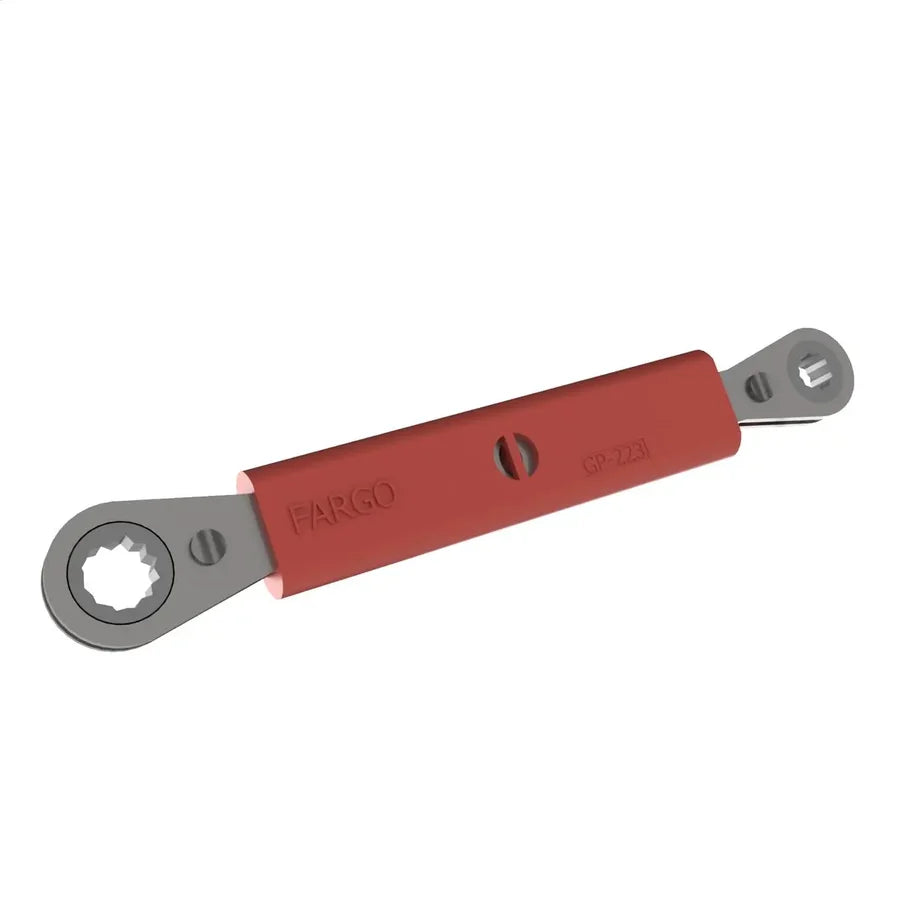 Ratcheting box-end wrench with a red insulated handle and gray metal ratchet heads on both ends. The handle is marked with the brand name "FARGO" and model number "GP-221." The tool is shown at an angle against a light gray background and is designed for insulated electrical or utility work.