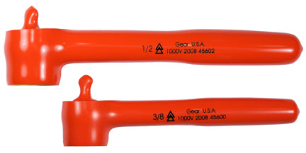 Two orange insulated electrician’s hammers are displayed horizontally against a light gray background. The hammers have thick, fully insulated handles and heads designed for electrical safety work. The upper hammer is labeled “1/2” and the lower hammer is labeled “3/8.” Both handles include black printed markings that read “Geor U.S.A. 1000V 2006” followed by model numbers.