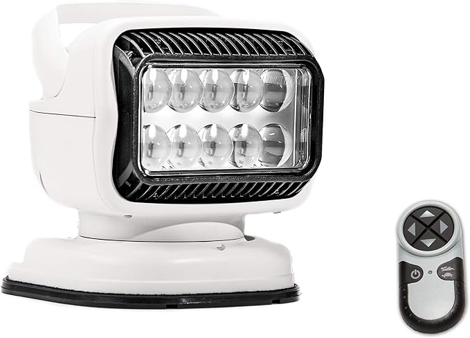 White and black marine LED light with a suction cup base, shown alongside a small black-and-white remote control on a white background.
