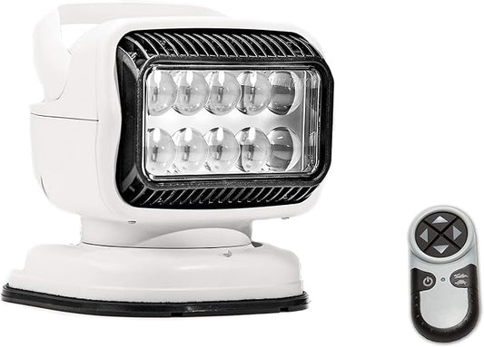 White and black marine LED light with a suction cup base, shown alongside a small black-and-white remote control on a white background.