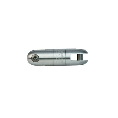 Silver cylindrical metal utility attachment with a rounded end and a forked opening on the opposite end. A recessed fastener is visible on one side, and the forked end contains a cylindrical pin or roller between the two prongs. The tool component is shown against a light gray background.