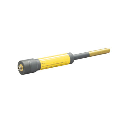 Yellow and gray cylindrical industrial component with a metallic rod extending from one end, shown isolated against a light gray background. The device has a dark gray cap on one end and a yellow body with small printed markings.