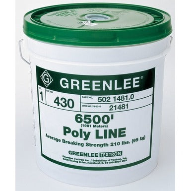 White plastic pail with a green lid labeled GREENLEE Poly Line. The front label displays product information including “430,” “6500' (1981 Meters),” and “Average Breaking Strength 210 lbs. (95 kg).” The container has a metal carrying handle and is shown against a light gray background.