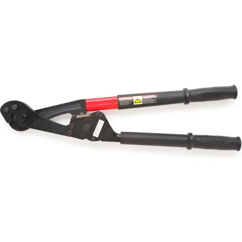 Heavy-duty manual cable cutter with long black handles, a red center section, and black cutting jaws, displayed against a light gray background. The tool features a compound-action hinge mechanism for increased cutting force, rubberized grips, and warning labels on the upper handle.