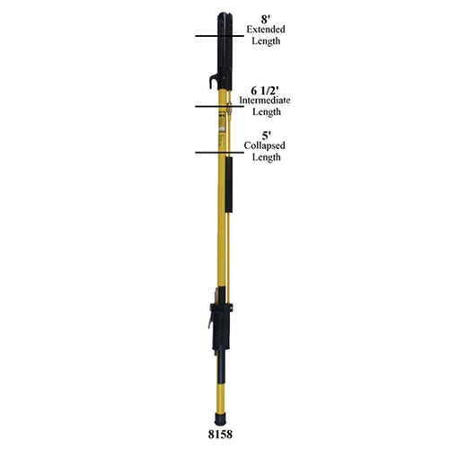 Telescoping fiberglass utility pole shown vertically against a light gray background, with black end fittings and a yellow shaft. The image includes labeled length positions: 8 ft extended length, 6 1/2 ft intermediate length, and 5 ft collapsed length. Model number 8158 is displayed at the bottom.