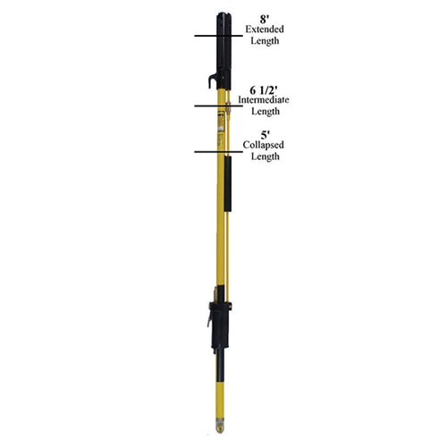 Telescoping fiberglass utility pole with black fittings and a yellow shaft, shown with labeled length positions: 5-foot collapsed length, 6.5-foot intermediate length, and 8-foot extended length. The pole is displayed vertically against a light gray background.
