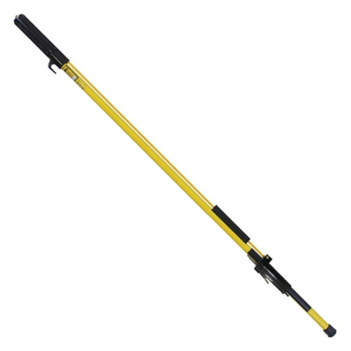 Long telescoping utility pole tool with a yellow fiberglass shaft, black insulated end fittings, and adjustment components, displayed diagonally against a light gray background. The tool features a black hook attachment at one end, a padded grip section near the center, and an extendable locking mechanism for reaching elevated equipment or conductors.