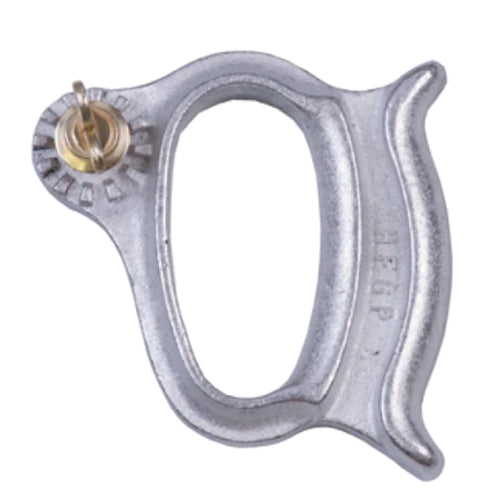 Silver cast-metal hand grip or utility handle with a large oval opening in the center and an ergonomic curved outer edge. A circular adjustable fitting with a brass-colored pin and retaining clip is mounted near the top corner. The item is shown against a light gray background and appears designed for gripping, tensioning, or attachment in utility or rigging applications.