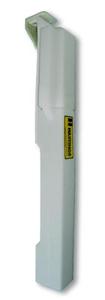 White indexable lathe turning tool holder with a square shank and angled cutting head, shown vertically against a white background. A small yellow product label is attached to the side of the tool holder.