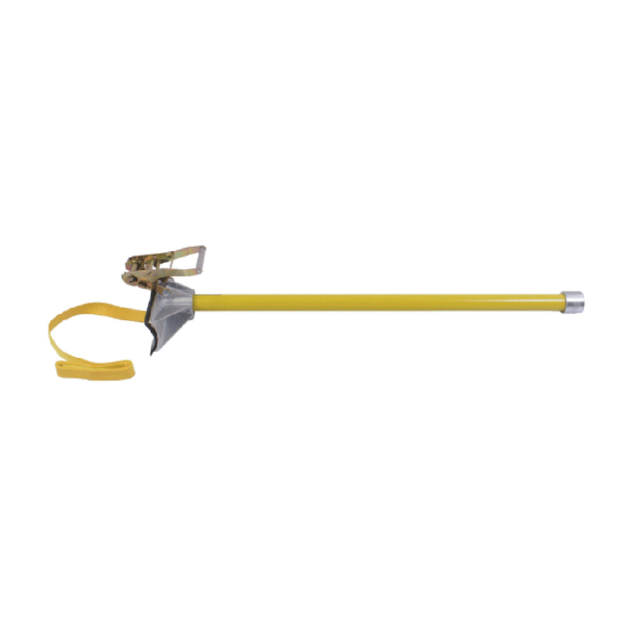 Yellow fiberglass hot stick tool with a metal gripping head and attached yellow safety lanyard. The tool features a long insulated handle with a metallic end cap and is shown isolated on a white background.