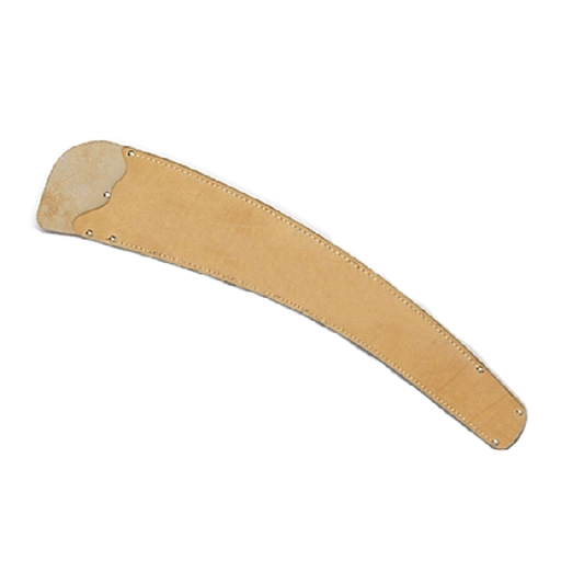 Curved tan leather protective sheath or scabbard with reinforced stitching and metal rivets along the edges. The sheath has a tapered shape designed to fit a long curved tool or blade and is shown against a light gray background.