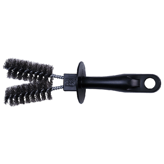 Black wire cleaning brush with two parallel cylindrical bristle heads attached to a black plastic handle. The handle features a finger guard near the brush head and a hanging hole at the end for storage. The brush is designed for cleaning tubular or cylindrical surfaces and is shown against a light gray background.