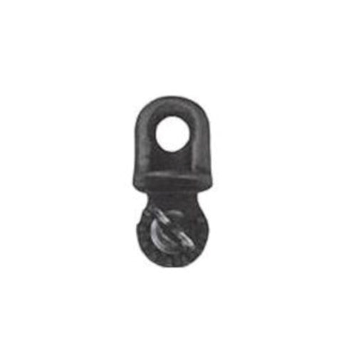 Small black metal swivel attachment with a rounded eyelet opening at the top and a rotating connection secured by a slotted screw at the bottom. The compact hardware component is shown against a light gray background and is designed for attaching or pivoting lines, straps, or utility equipment.