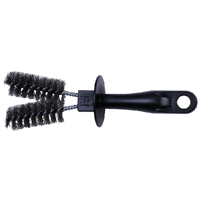 Double-ended wire tube cleaning brush with dense black bristles twisted onto two metal wire stems and attached to a black plastic handle with a hanging hole. The brush is displayed horizontally against a light gray background and is designed for cleaning the interior of cylindrical fittings, connectors, or terminals.