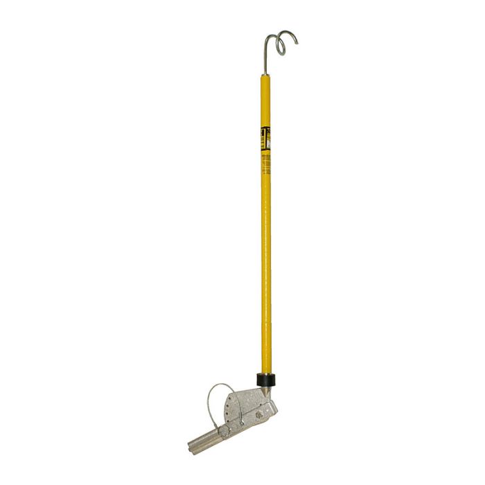 Long yellow insulated utility tool with a metal hook at the top and an adjustable silver metal attachment mounted near the bottom. The lower attachment features a pivoting mechanism and wire loop, suggesting use for handling or positioning electrical line hardware. The tool is shown upright against a light gray background.