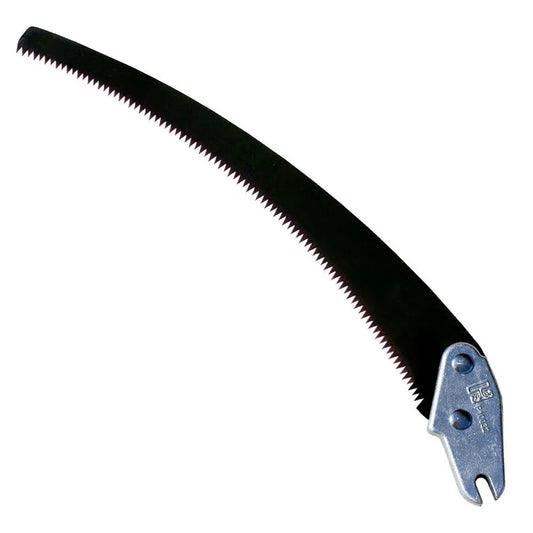 A curved black pruning saw with a silver metal handle and teeth, shown on a plain white background.