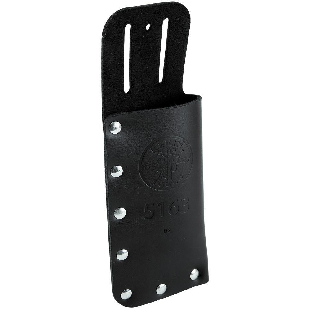 Black leather tool holster with a belt-loop attachment and metal rivets, shown against a light gray background. The holster features an embossed Klein Tools logo and the model number “5163” on the front, with an open-top design for carrying hand tools.