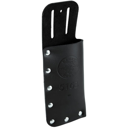 Black leather tool holster with a belt-loop attachment and metal rivets, shown against a light gray background. The holster features an embossed Klein Tools logo and the model number “5163” on the front, with an open-top design for carrying hand tools.