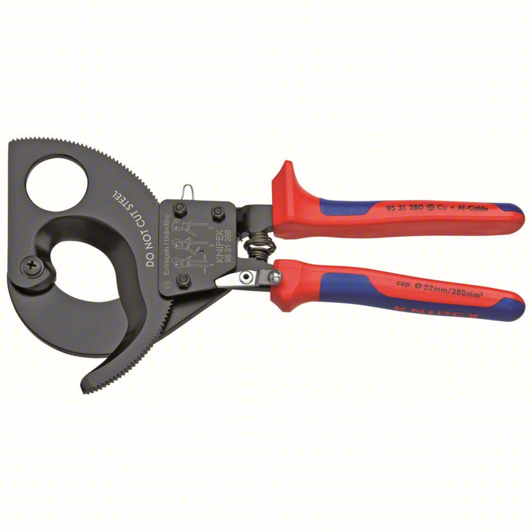 Heavy-duty cable cutting tool with curved black steel jaws and red-and-blue ergonomic handles, shown against a white background. The tool features a ratcheting cutting mechanism designed for large electrical cables, with visible product markings and specifications printed on the handles and body.